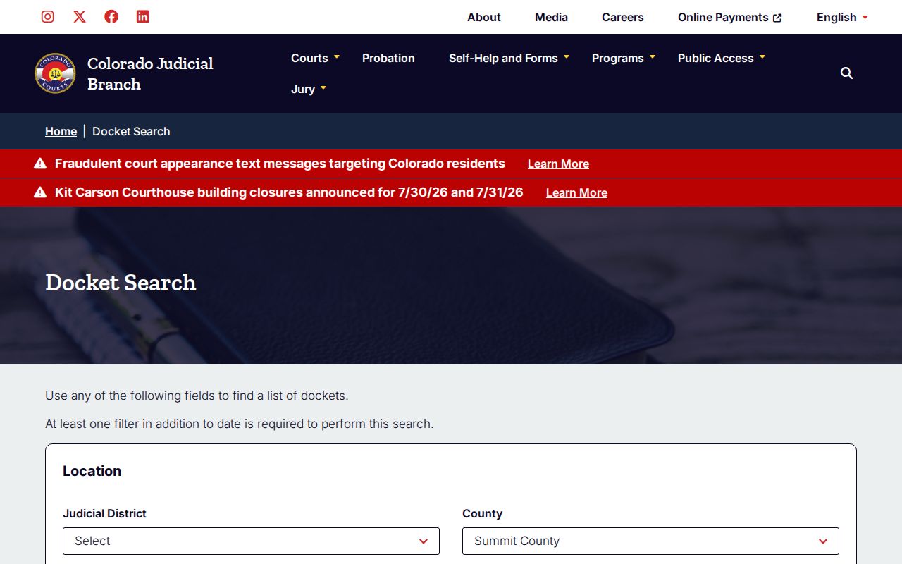 Summit County court dockets search page