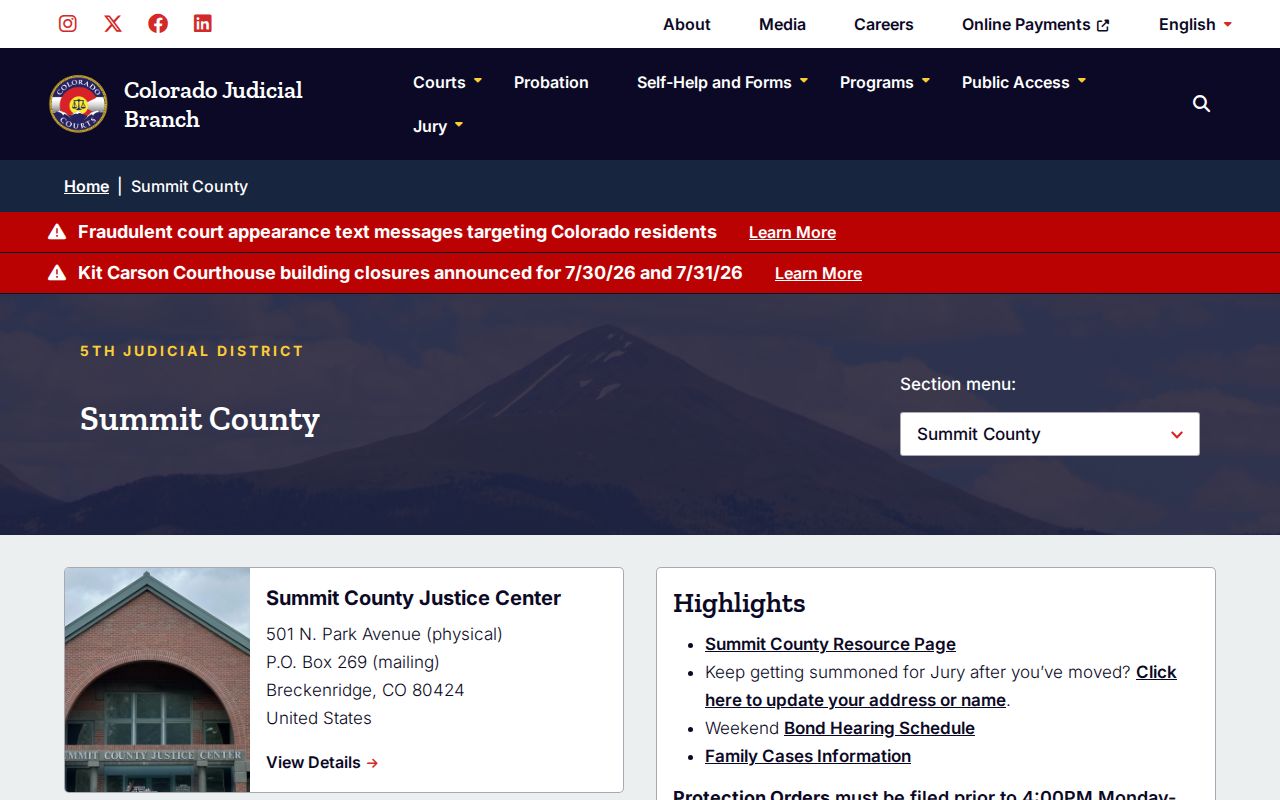 Summit County court records access page on Colorado Judicial Branch